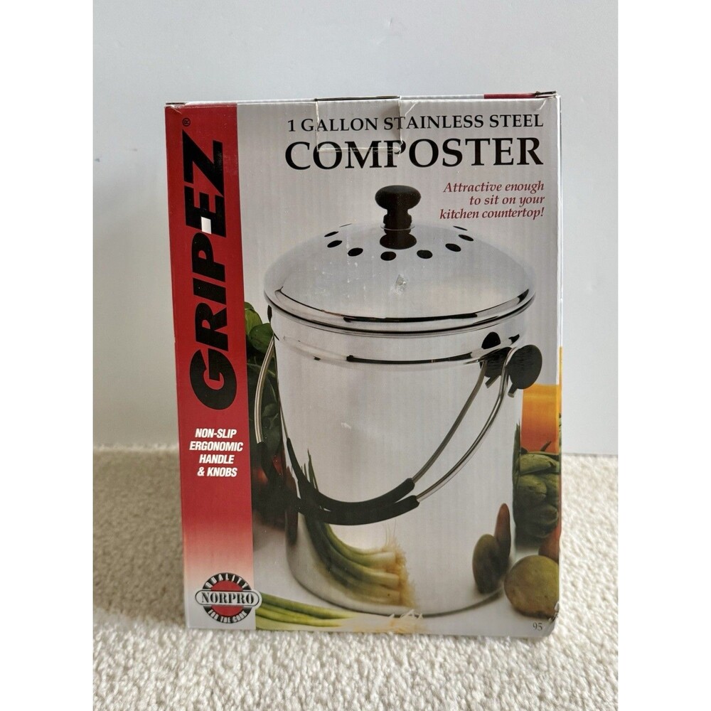 Grip-Ez Countertop Compost Bin Kitchen 1 Gallon Odorless Stainless Steel w/Lid - Picture 8 of 13